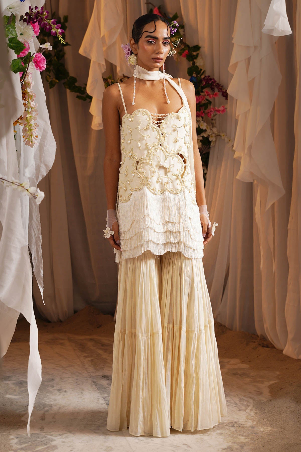 Buy Ivory Pearl Work Sharara Set by Shwetanga for women online at ScrollnShops